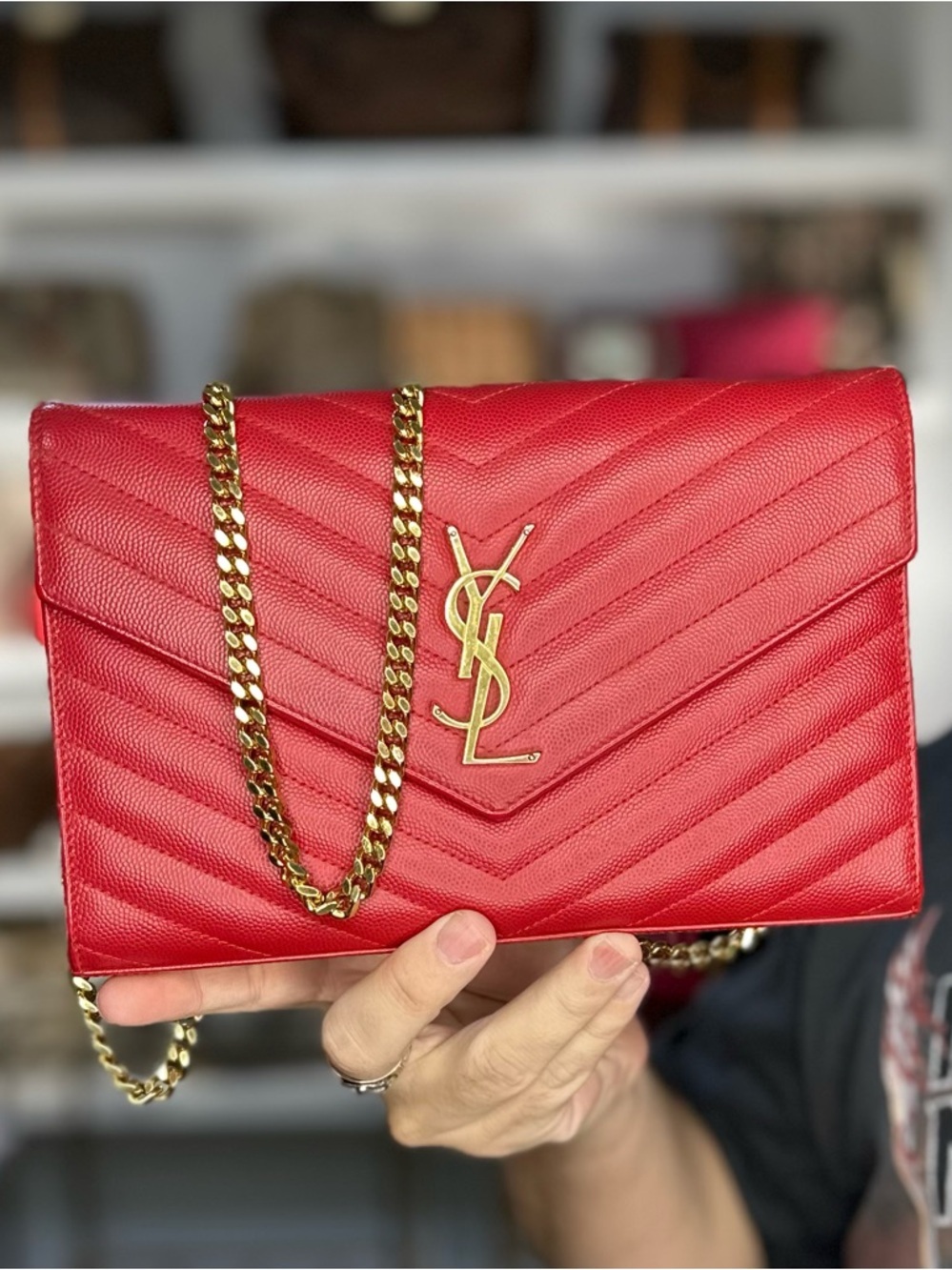 YSL RED QUILTED CHEVRON CHAIN BAG
